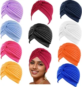 10 PCS Stretchy Turban Caps for Women, Chemo Head Wraps, Cancer Headwear, Twisted India Hats, Assorted Colors