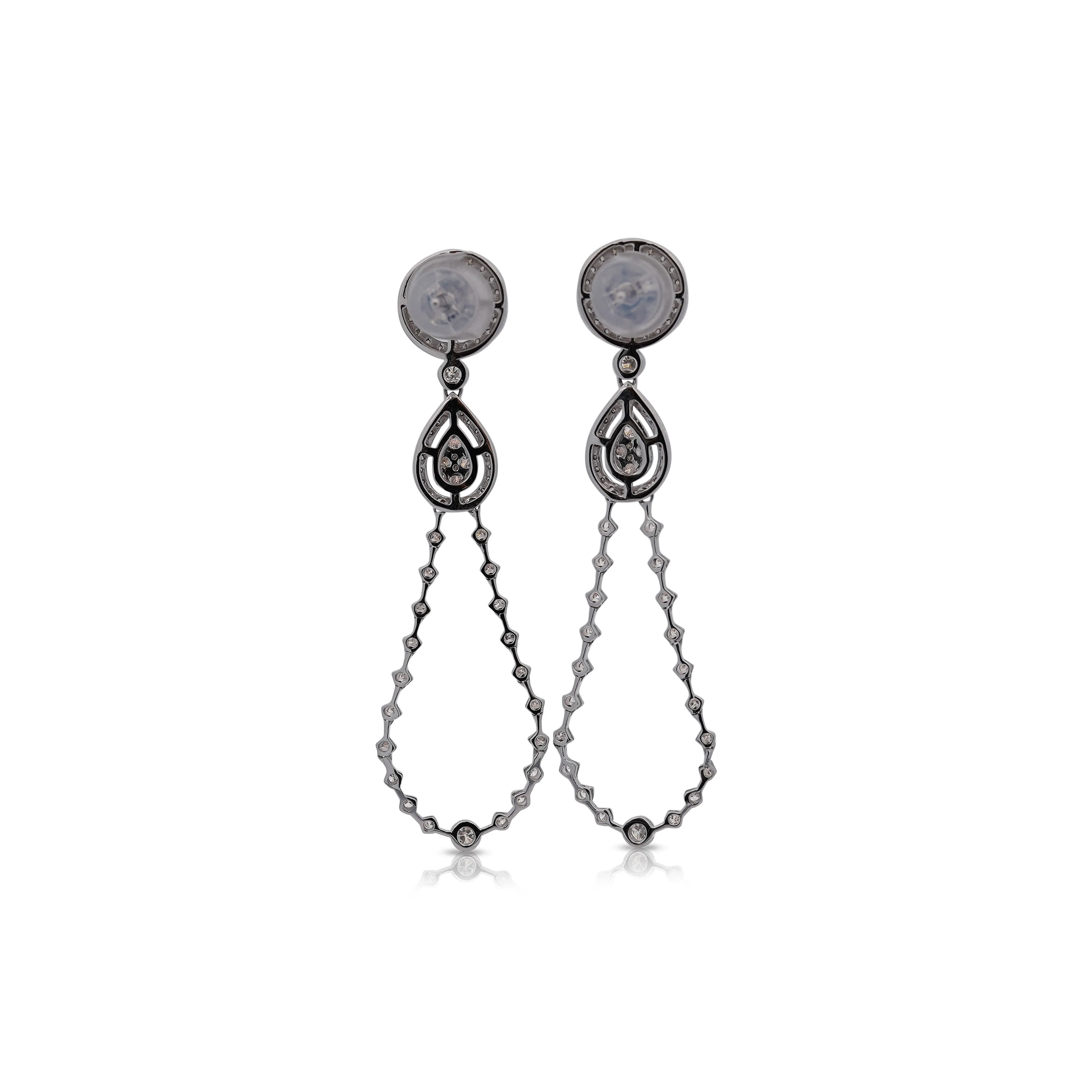 14K White Gold Diamond Halo Forming Circle Hang Drop Earrings