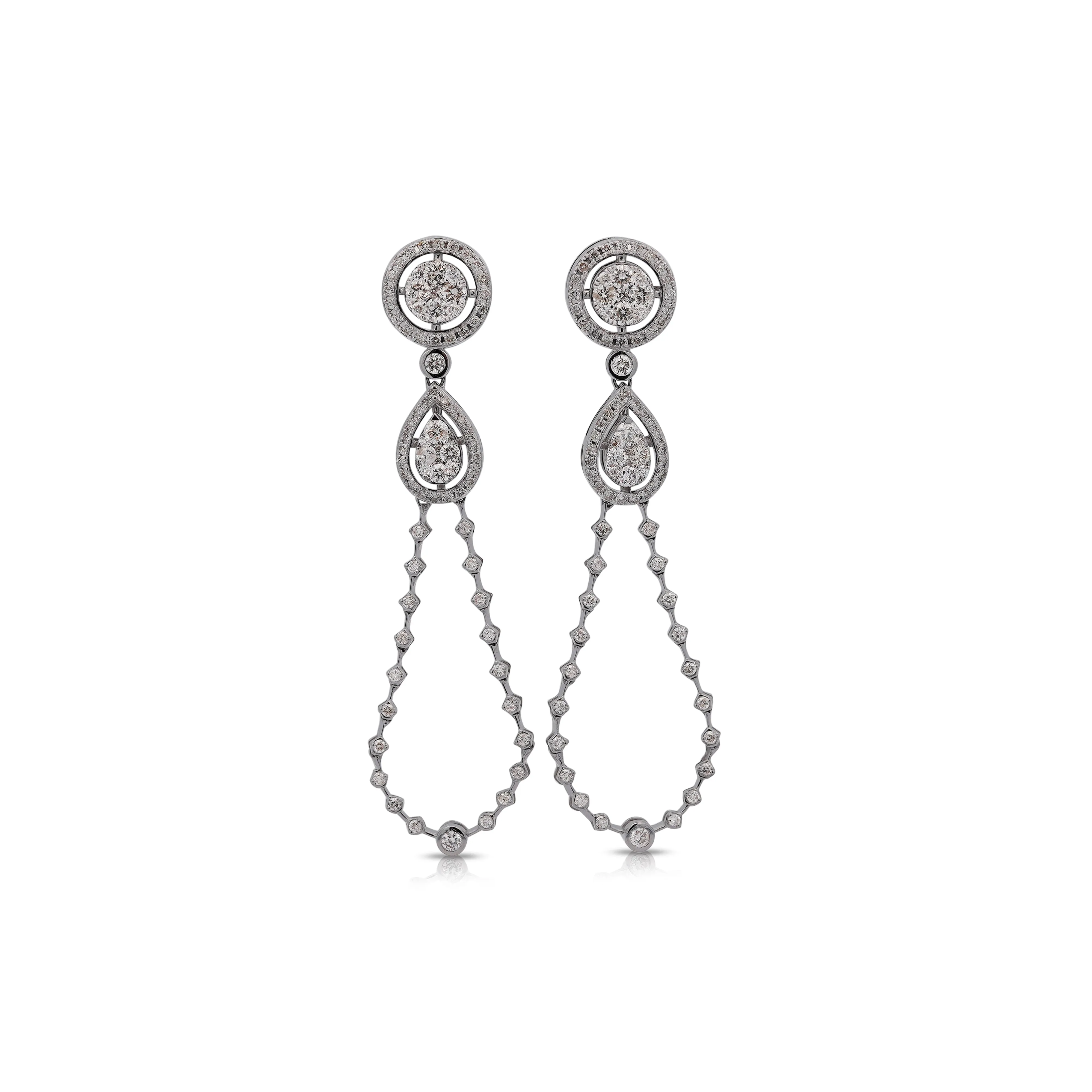 14K White Gold Diamond Halo Forming Circle Hang Drop Earrings
