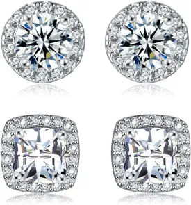 18K White Gold Plated Round Square Cubic Zirconia Simulated Diamond Halo Stud Earrings
