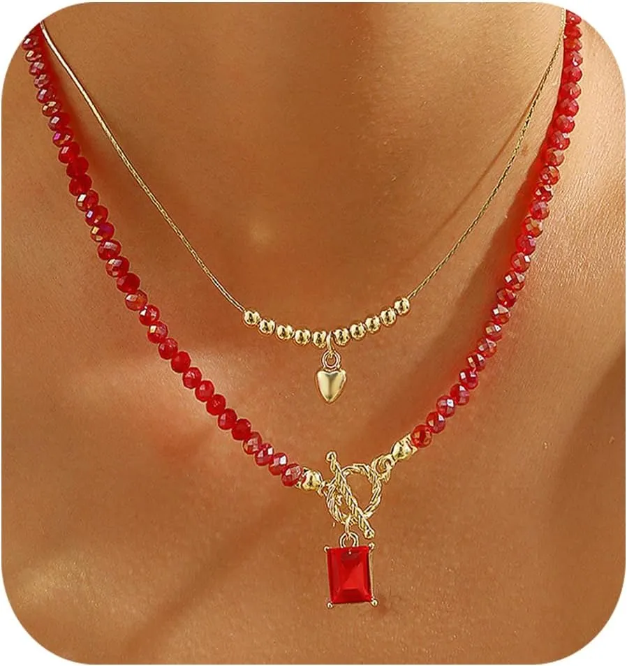 2PCS Crystal Beaded Necklace for Women Pearl Choker Necklaces Trendy Heart Water Drop Pendant Necklace for Women Summer Jewelry