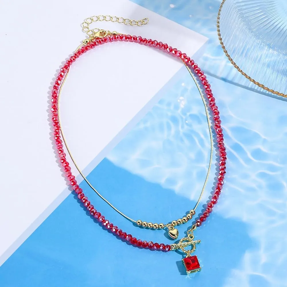 2PCS Crystal Beaded Necklace for Women Pearl Choker Necklaces Trendy Heart Water Drop Pendant Necklace for Women Summer Jewelry