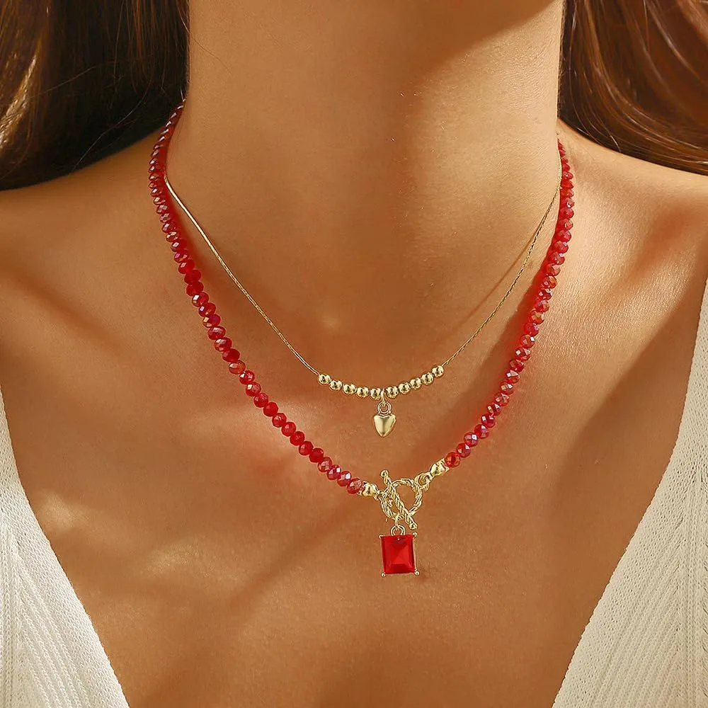 2PCS Crystal Beaded Necklace for Women Pearl Choker Necklaces Trendy Heart Water Drop Pendant Necklace for Women Summer Jewelry