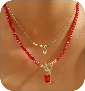 2PCS Crystal Beaded Necklace for Women Pearl Choker Necklaces Trendy Heart Water Drop Pendant Necklace for Women Summer Jewelry
