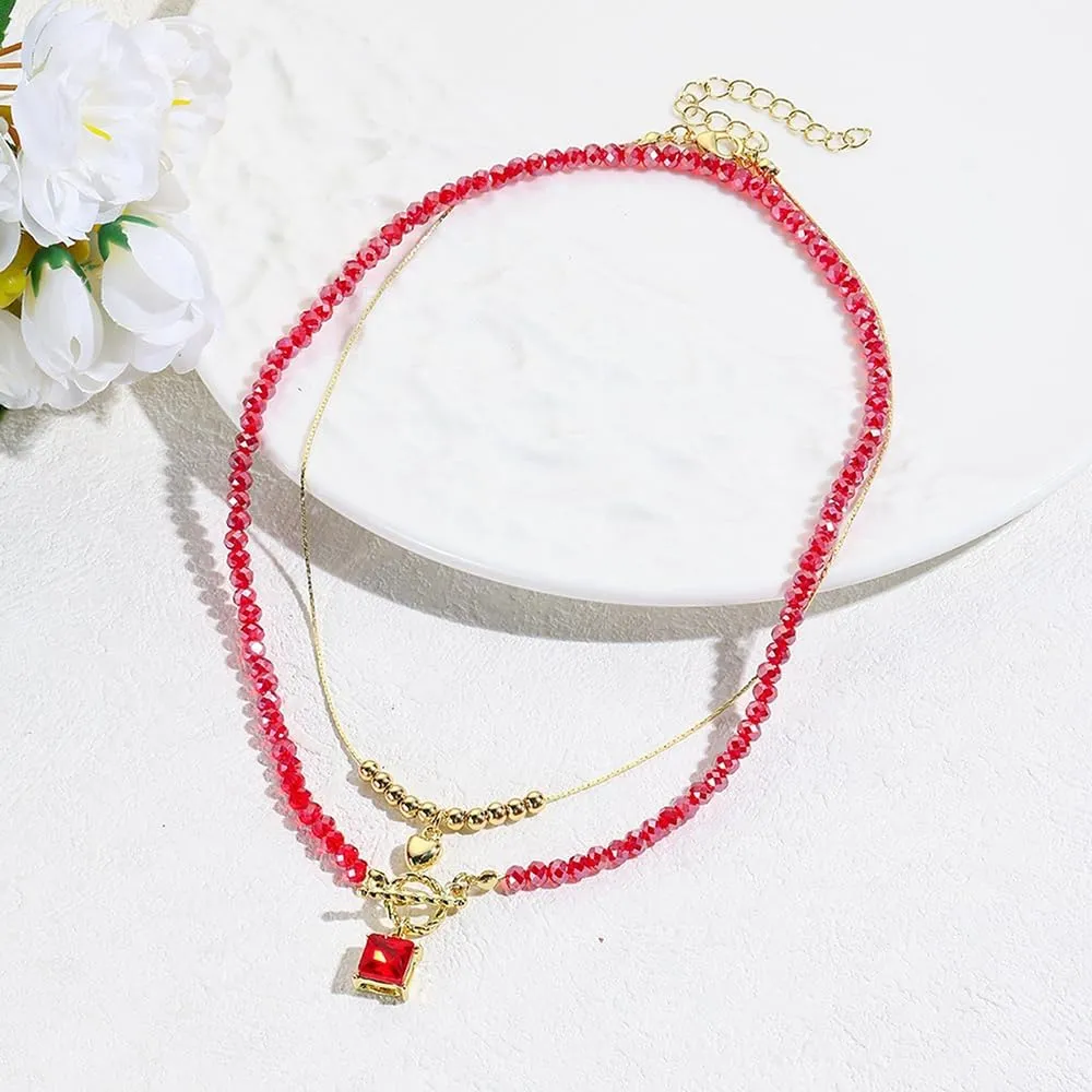 2PCS Crystal Beaded Necklace for Women Pearl Choker Necklaces Trendy Heart Water Drop Pendant Necklace for Women Summer Jewelry
