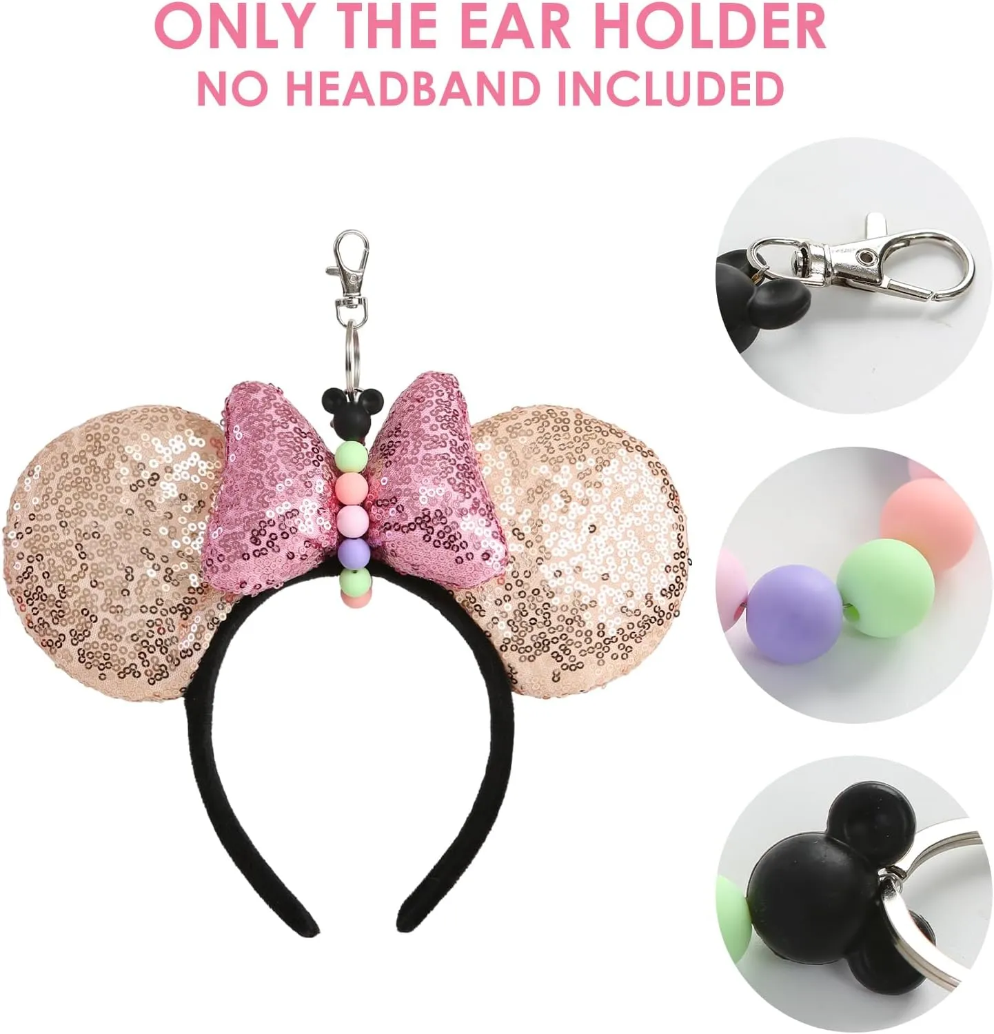 2Pcs Mouse Ear Headband Holders for Backpack Bag Park Trip Essentials Accessories Beaded Lanyard Keychain