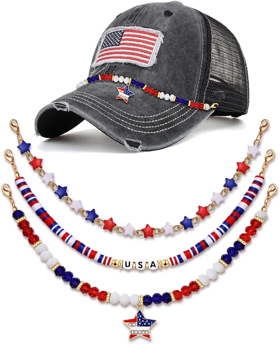 3PCS Trucker Hat Chains 4th of July Trucker Hat Chains Hat Accessories Detachable Red White and Blue Patriotic Star Heishi Crystal Beaded Chains for Mesh Baseball Cap Accessories Party Supplies