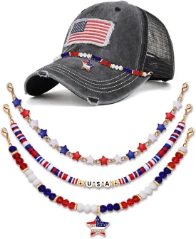 3PCS Trucker Hat Chains 4th of July Trucker Hat Chains Hat Accessories Detachable Red White and Blue Patriotic Star Heishi Crystal Beaded Chains for Mesh Baseball Cap Accessories Party Supplies