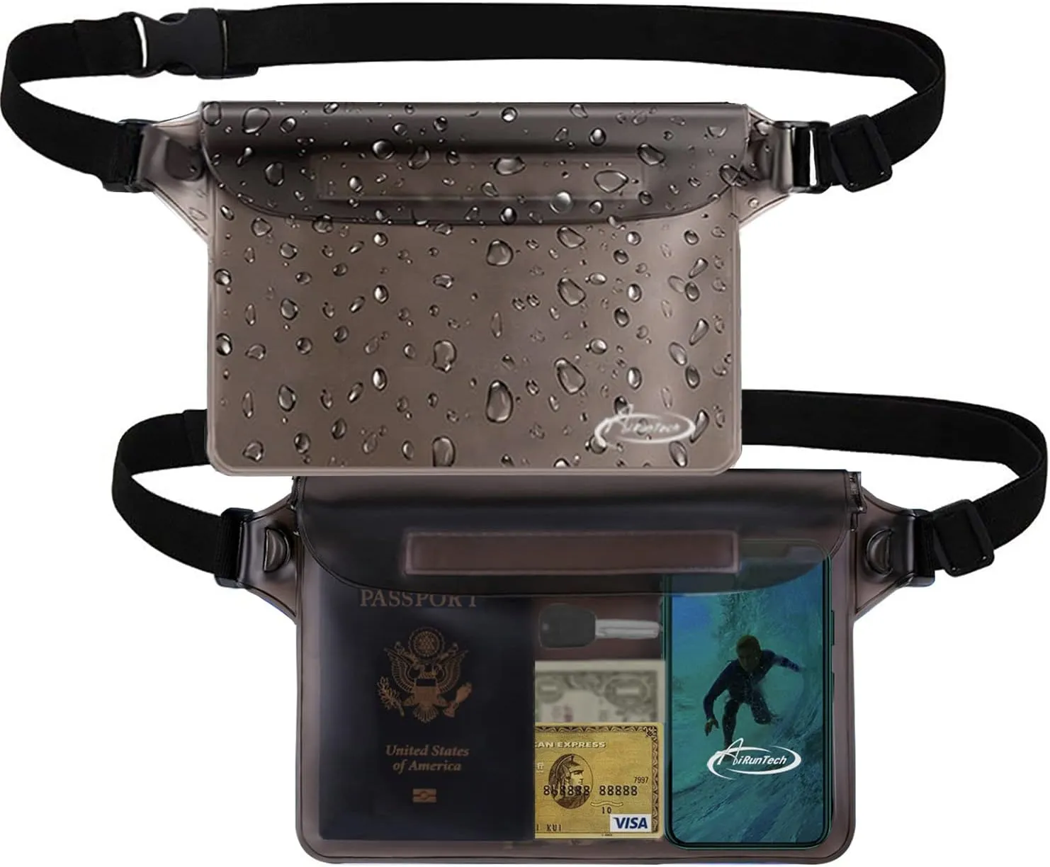 AiRunTech Waterproof Pouch with Waist Strap (2 Pack) | Beach Accessories Best Way to Keep Your Phone and Valuables Safe and Dry | Perfect for Boating Swimming Snorkeling Kayaking Beach Pool