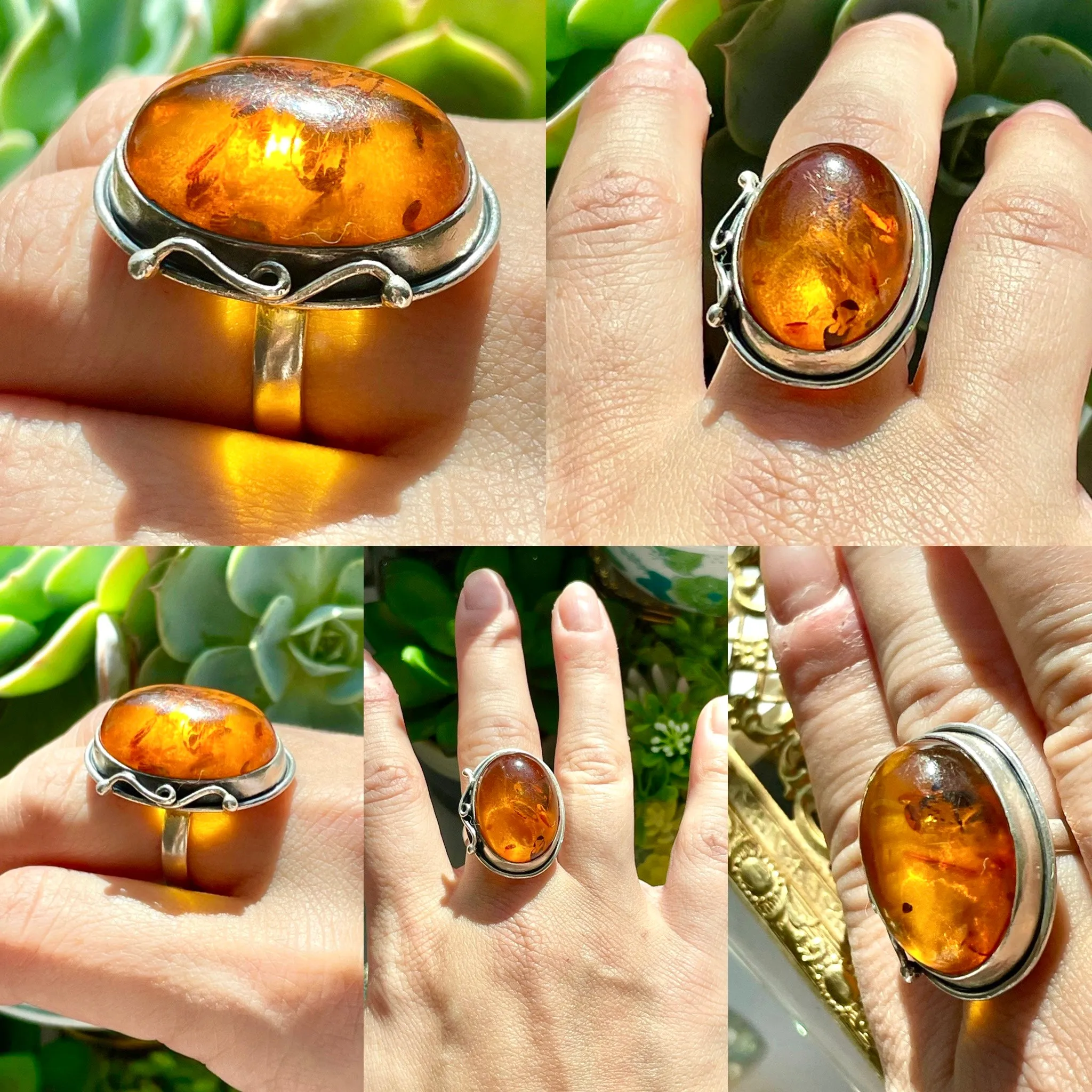Antique Sterling Silver 925 Amber Oval Artisan Handmade 10.27g Size 7 Ring