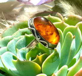 Antique Sterling Silver 925 Amber Oval Artisan Handmade 10.27g Size 7 Ring