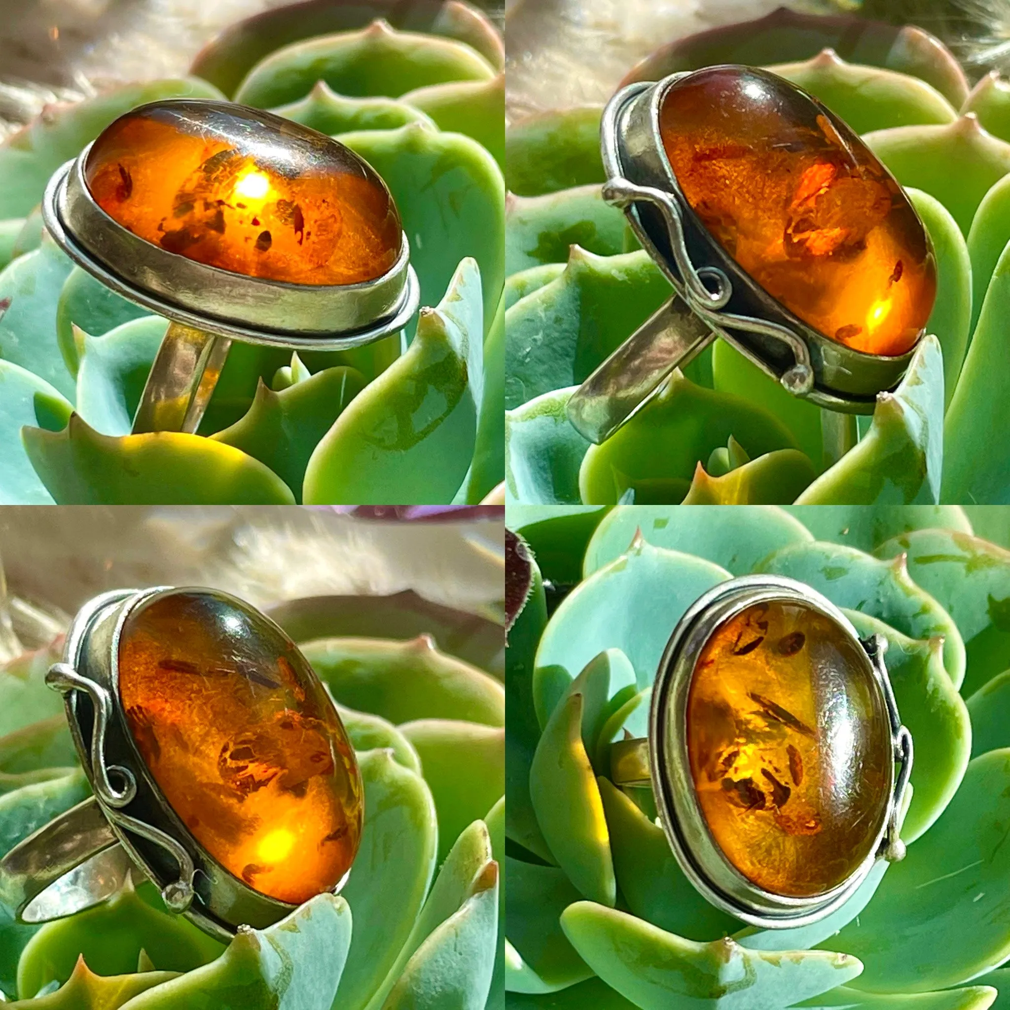 Antique Sterling Silver 925 Amber Oval Artisan Handmade 10.27g Size 7 Ring