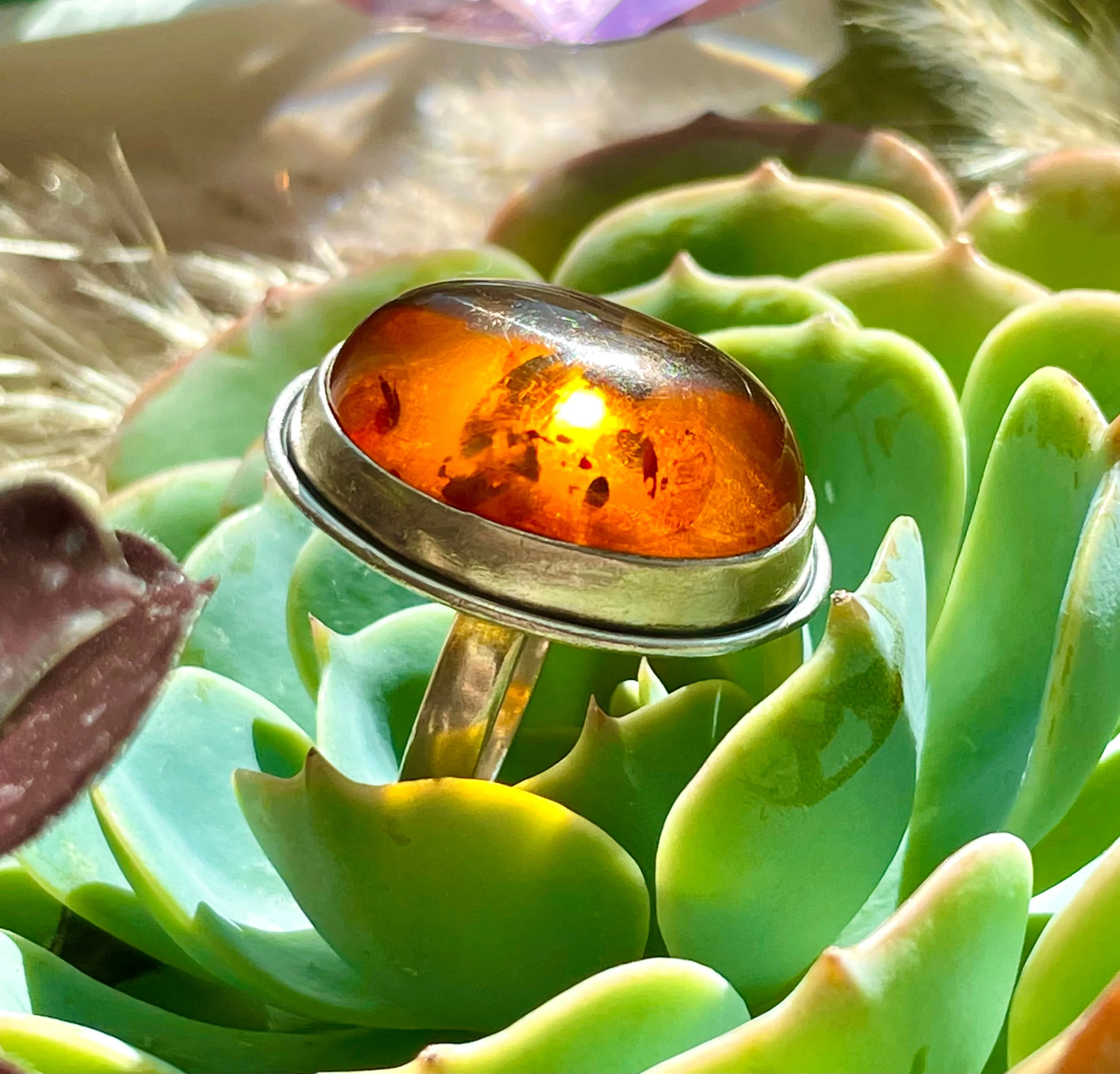 Antique Sterling Silver 925 Amber Oval Artisan Handmade 10.27g Size 7 Ring