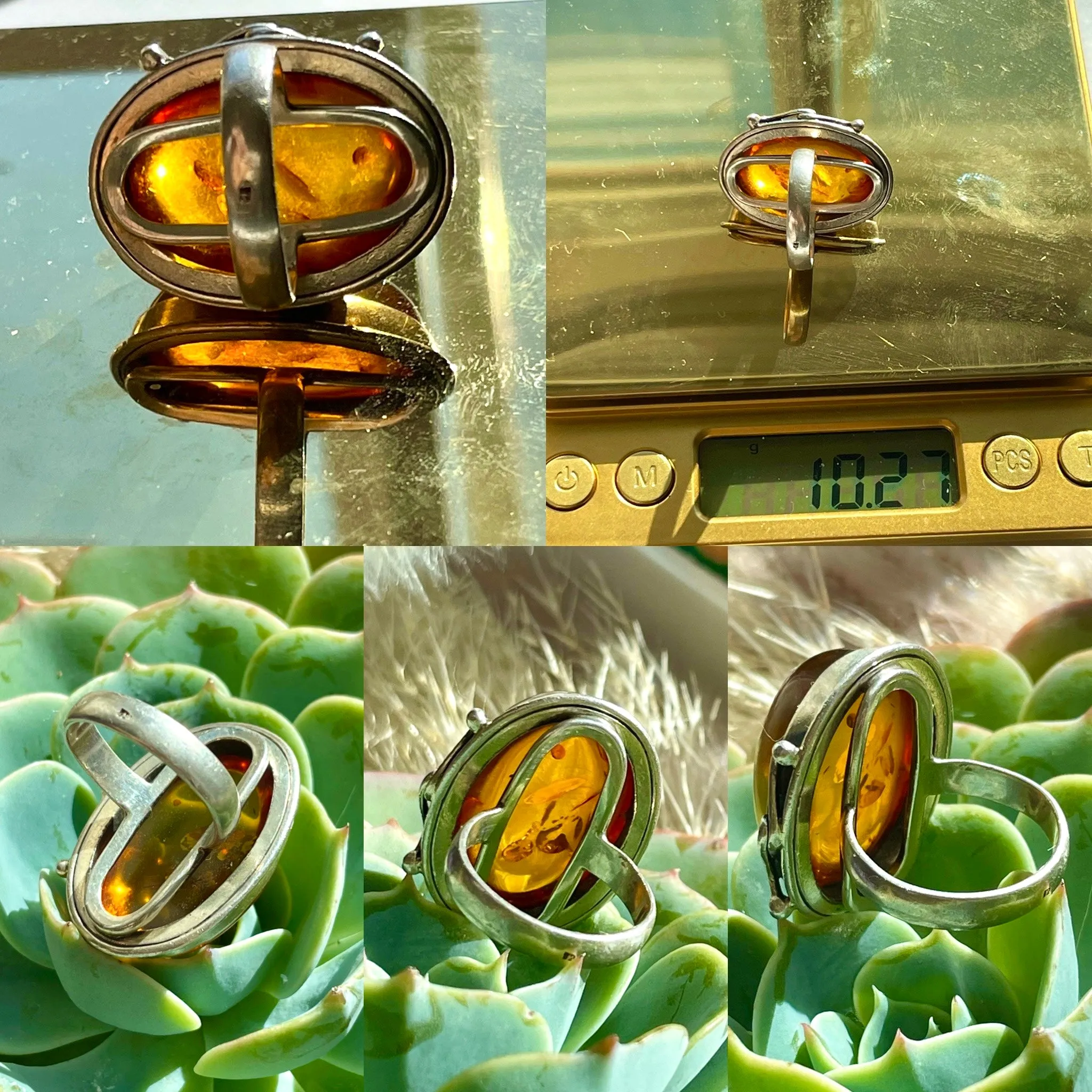 Antique Sterling Silver 925 Amber Oval Artisan Handmade 10.27g Size 7 Ring