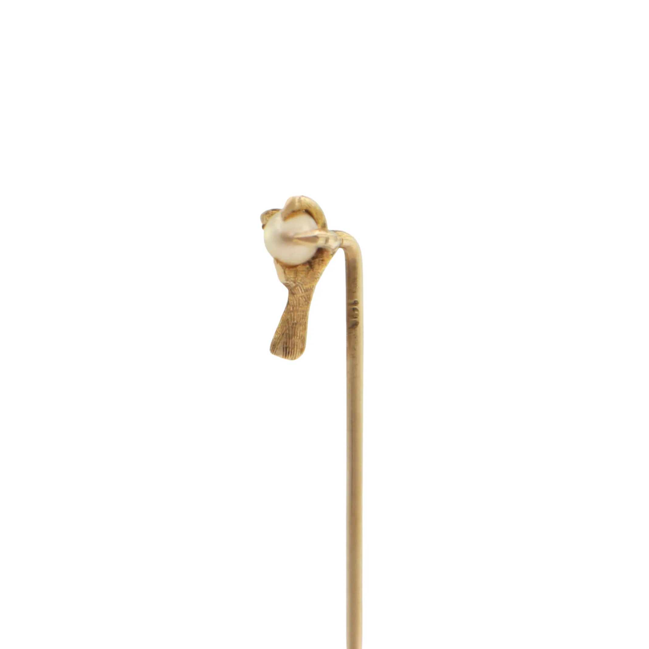 Antique Victorian Bird Talon and Pearl 14K Yellow Gold Long Stem Lapel Pin