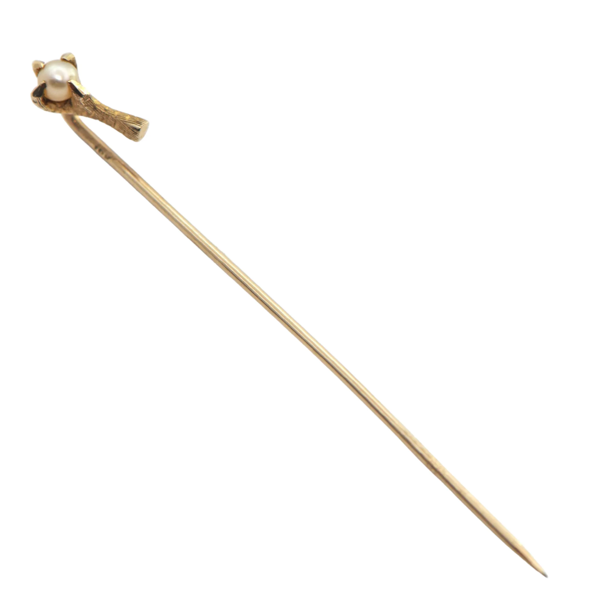 Antique Victorian Bird Talon and Pearl 14K Yellow Gold Long Stem Lapel Pin
