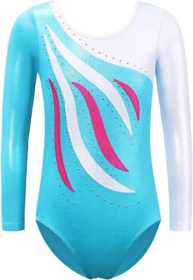BAOHULU Leotards for Girls Gymnastics Long Sleeve Embroidery Shiny Black Diamond Dance Clothes