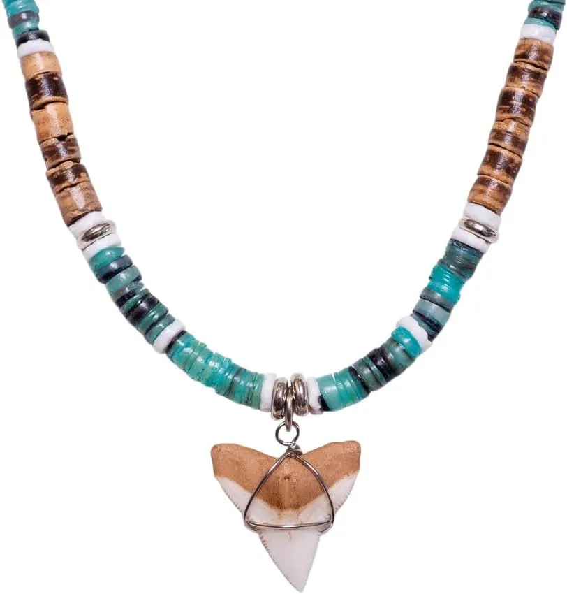 BlueRica Shark Tooth on Coconut & Shell Beads Necklace (20" 3U)