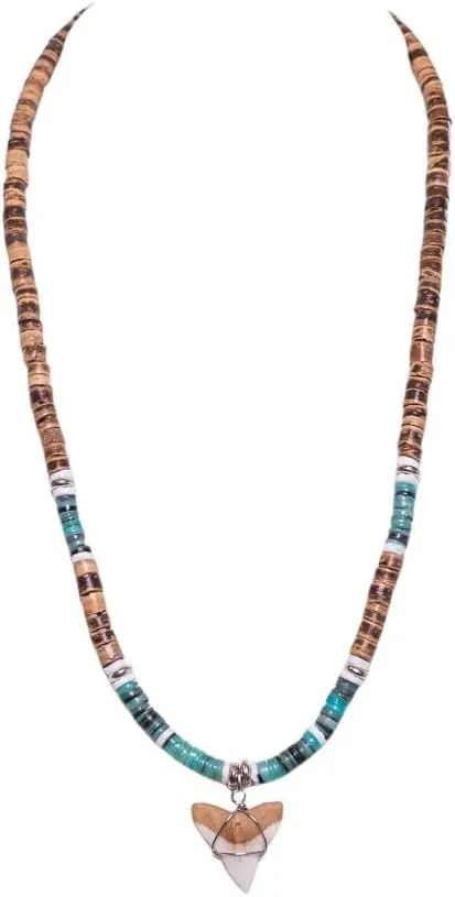 BlueRica Shark Tooth on Coconut & Shell Beads Necklace (20" 3U)