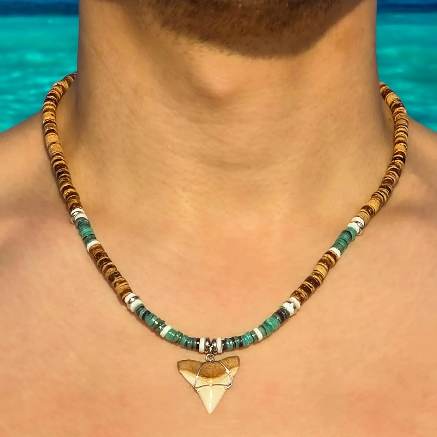 BlueRica Shark Tooth on Coconut & Shell Beads Necklace (20" 3U)