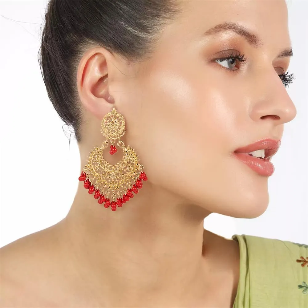 Boho Ball Tassel Statement Dangle Earrings for Women Girls Vintage Flower Heart Shaped Beaded Chandelier Drop Dangling Earring Indian Bollywood Jewelry Gifts for Jhumka Festival Holiday Christmas