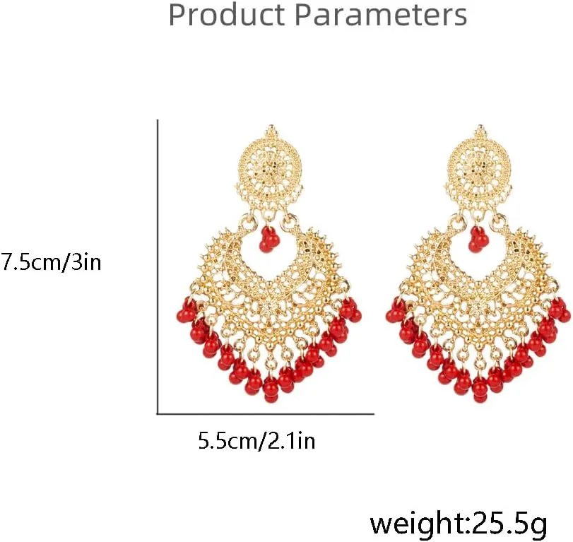 Boho Ball Tassel Statement Dangle Earrings for Women Girls Vintage Flower Heart Shaped Beaded Chandelier Drop Dangling Earring Indian Bollywood Jewelry Gifts for Jhumka Festival Holiday Christmas