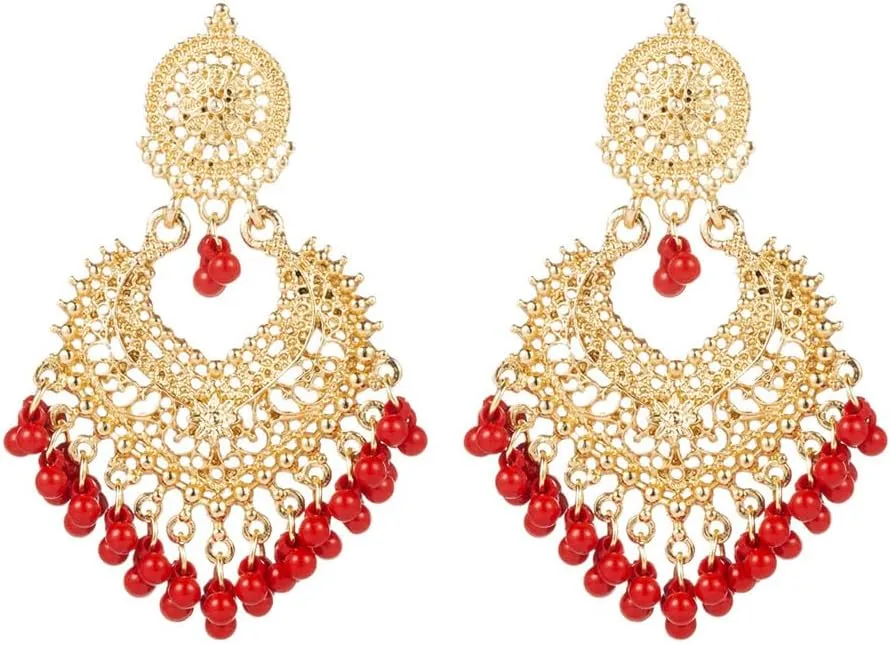 Boho Ball Tassel Statement Dangle Earrings for Women Girls Vintage Flower Heart Shaped Beaded Chandelier Drop Dangling Earring Indian Bollywood Jewelry Gifts for Jhumka Festival Holiday Christmas