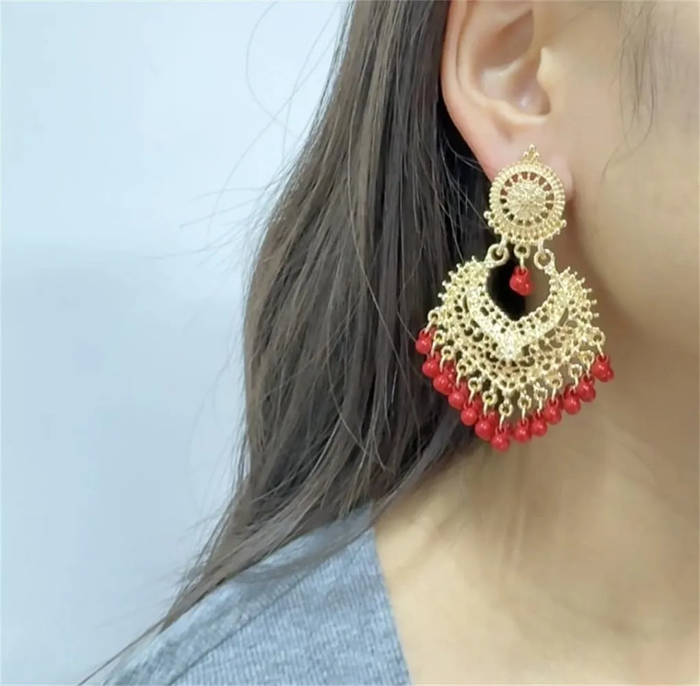 Boho Ball Tassel Statement Dangle Earrings for Women Girls Vintage Flower Heart Shaped Beaded Chandelier Drop Dangling Earring Indian Bollywood Jewelry Gifts for Jhumka Festival Holiday Christmas