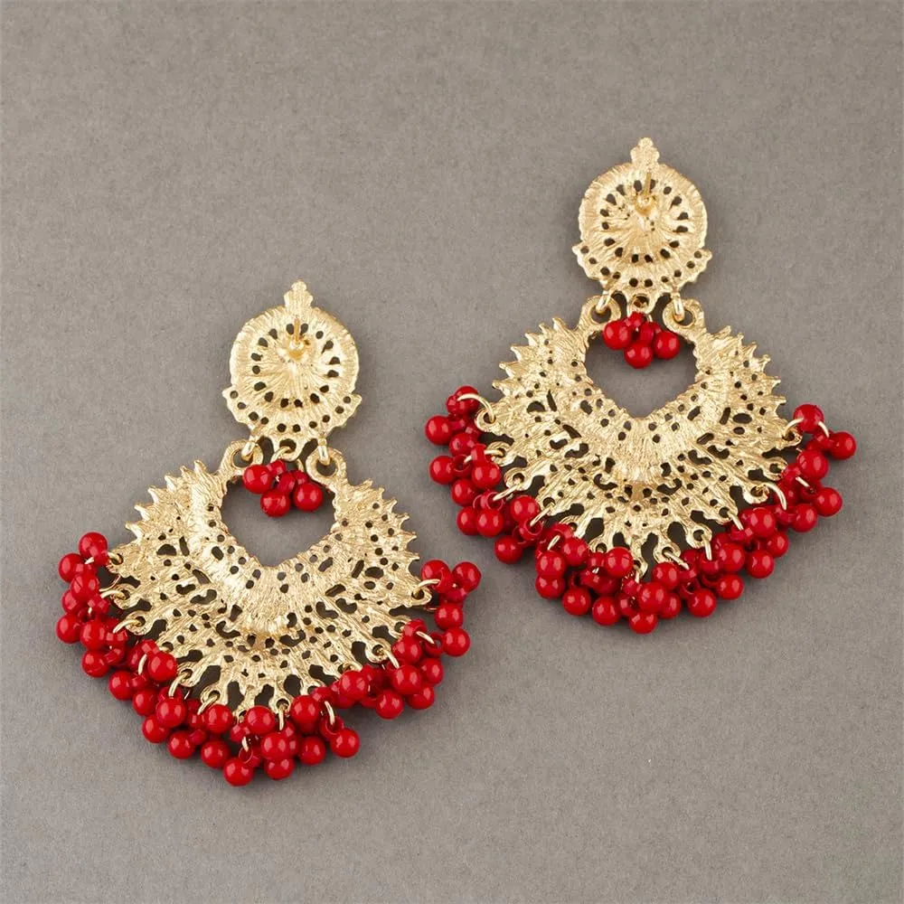 Boho Ball Tassel Statement Dangle Earrings for Women Girls Vintage Flower Heart Shaped Beaded Chandelier Drop Dangling Earring Indian Bollywood Jewelry Gifts for Jhumka Festival Holiday Christmas