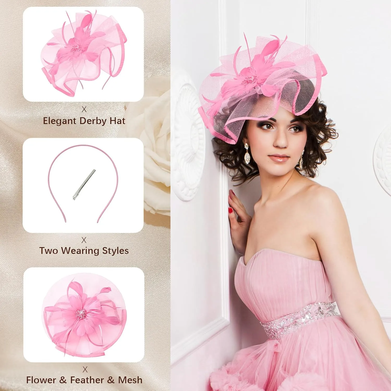 Century Star Womens Fascinator for Women Kentucky Hats Derby Tea Party 2025 Mesh Flower with Feather Wedding Church Hat