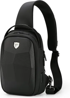 FENRUIEN Hard Shell Sling Bag for Men, Water Resistant Crossbody Backpack with USB Port, Black Chest Bag for Travel/Daily
