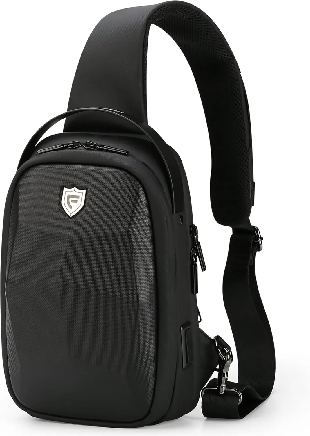 FENRUIEN Hard Shell Sling Bag for Men, Water Resistant Crossbody Backpack with USB Port, Black Chest Bag for Travel/Daily