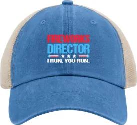 Fireworks Director I Run You Run Hats for Men Baseball Caps Cool Washed Running Hat Cotton Lake Blue