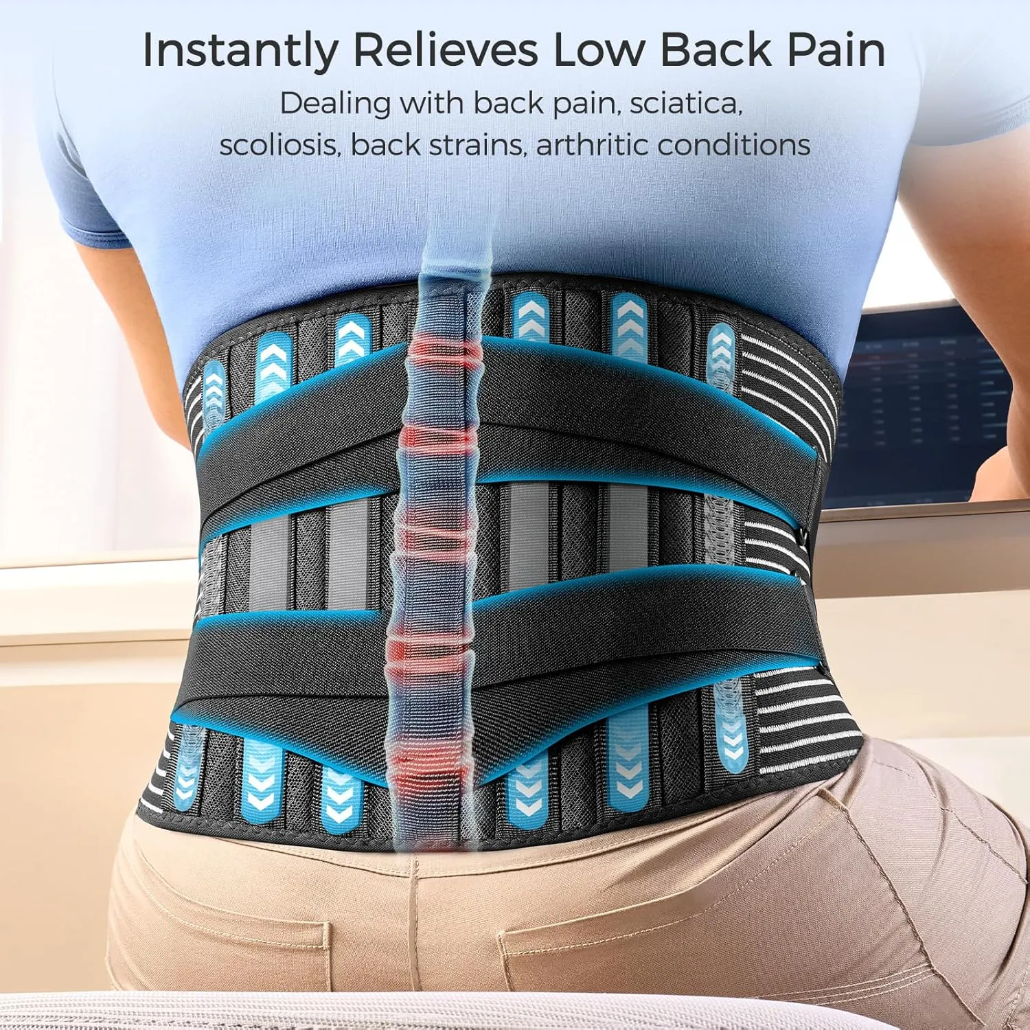 FREETOO Back Braces for Lower Back Pain Relief with 6 Stays, Breathable Back Support Belt for Men/Women for work , Anti-skid lumbar support belt with 16-hole Mesh for sciatica(M)