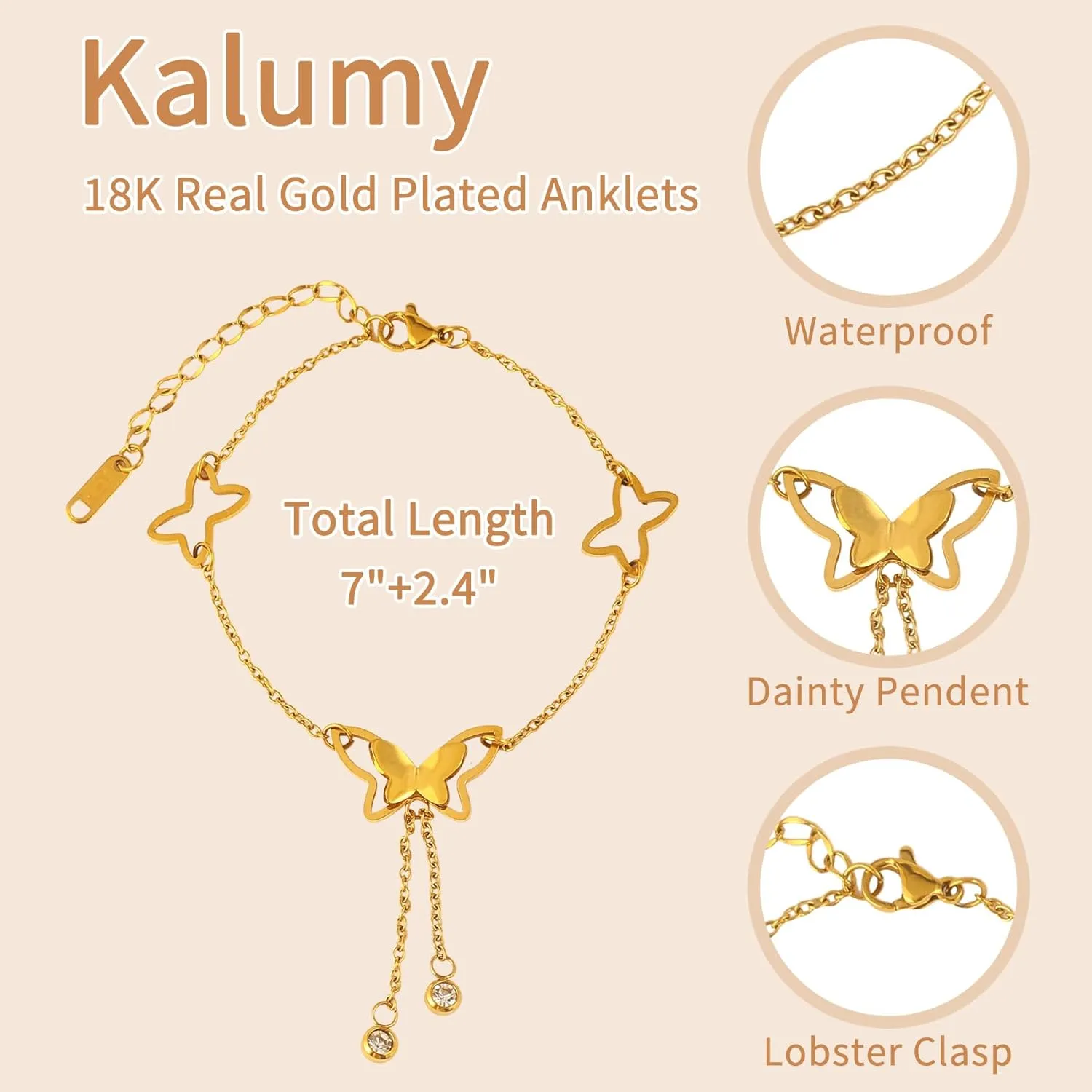 Gold Anklets Ankle Bracelets for Women Waterproof 18K Gold Plated Beads Link Bow Shell Starfish Pearl Butterfly Pendant Women Beach Jewelry Gift Adjustable Size