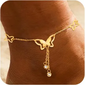 Gold Anklets Ankle Bracelets for Women Waterproof 18K Gold Plated Beads Link Bow Shell Starfish Pearl Butterfly Pendant Women Beach Jewelry Gift Adjustable Size