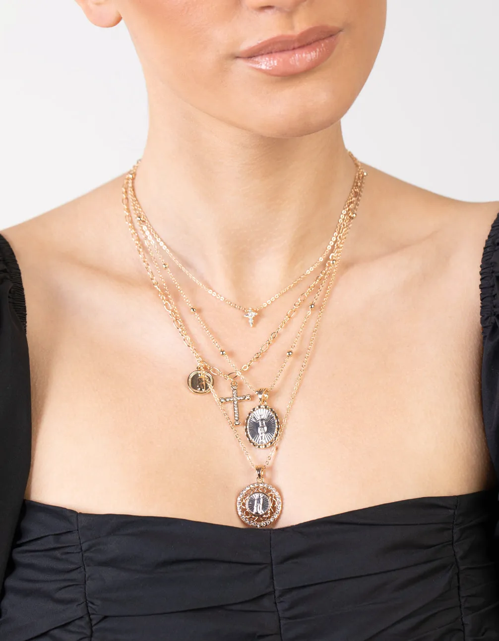 Gold Cross & Pendant Layered Necklace