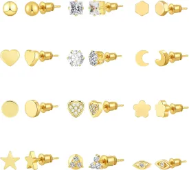 Gold Earrings for Women 14K Real Gold Plated Studs Hoop Earrings Set Hypoallergenic Earrings for Sensitive Ears Trendy Small Cubic Zirconia Stud Huggie Earrings for Multiple Piercing Jewelry Gift