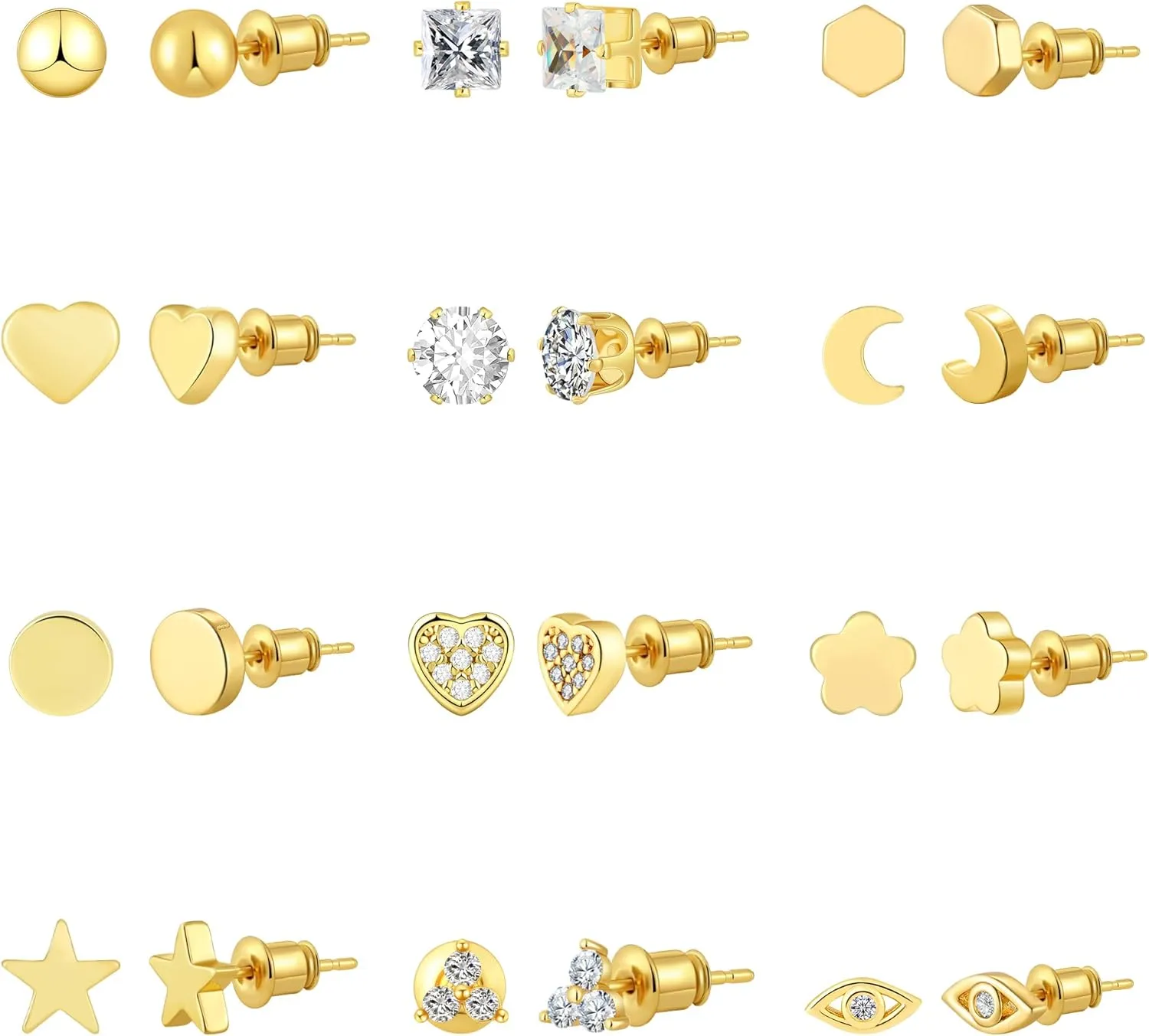 Gold Earrings for Women 14K Real Gold Plated Studs Hoop Earrings Set Hypoallergenic Earrings for Sensitive Ears Trendy Small Cubic Zirconia Stud Huggie Earrings for Multiple Piercing Jewelry Gift
