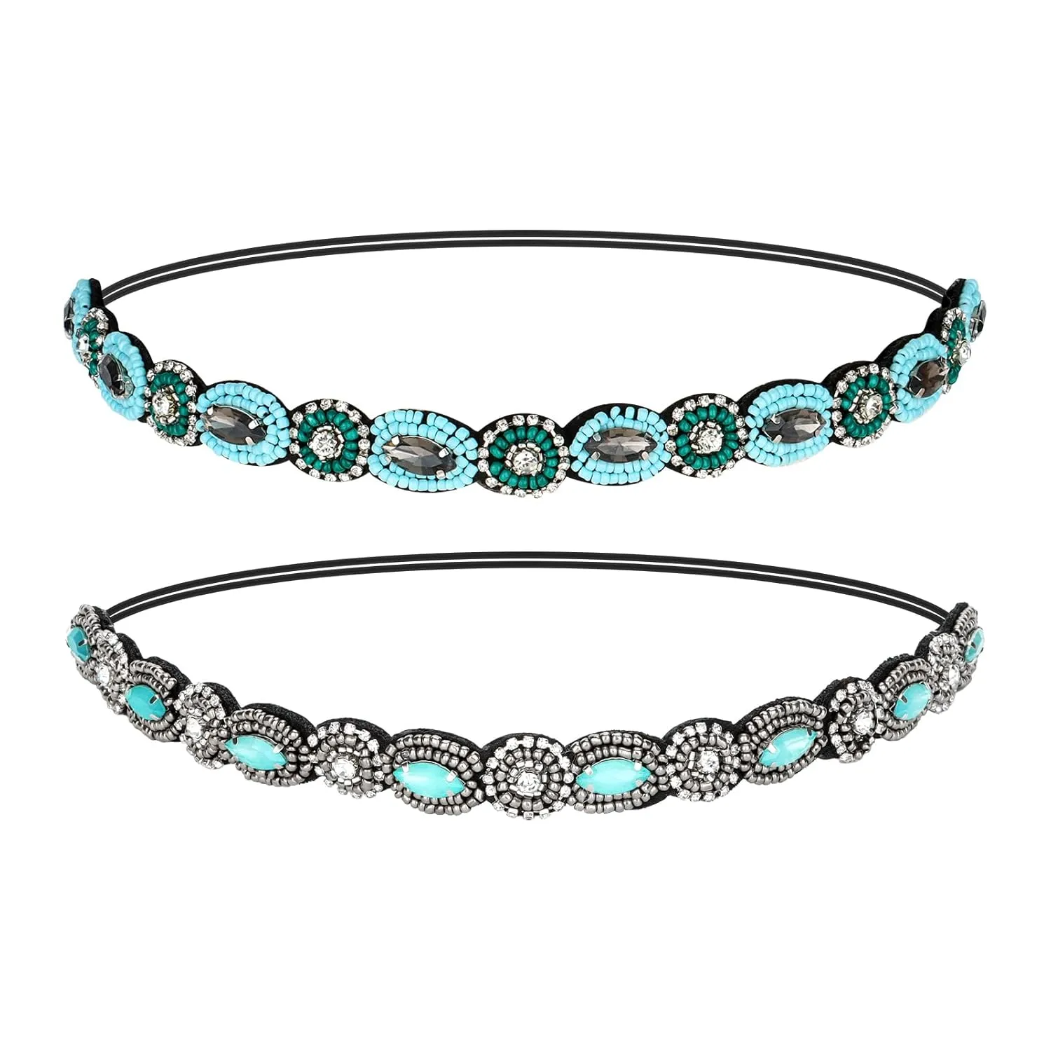 Headband for Women 2 Pieces Rhinestone Beaded Headbands Blue and Green Crystal Hairbands Elastic Hair Bands Sparkly Head Band Fashion Hair Accessories for Woman Girls