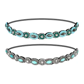 Headband for Women 2 Pieces Rhinestone Beaded Headbands Blue and Green Crystal Hairbands Elastic Hair Bands Sparkly Head Band Fashion Hair Accessories for Woman Girls