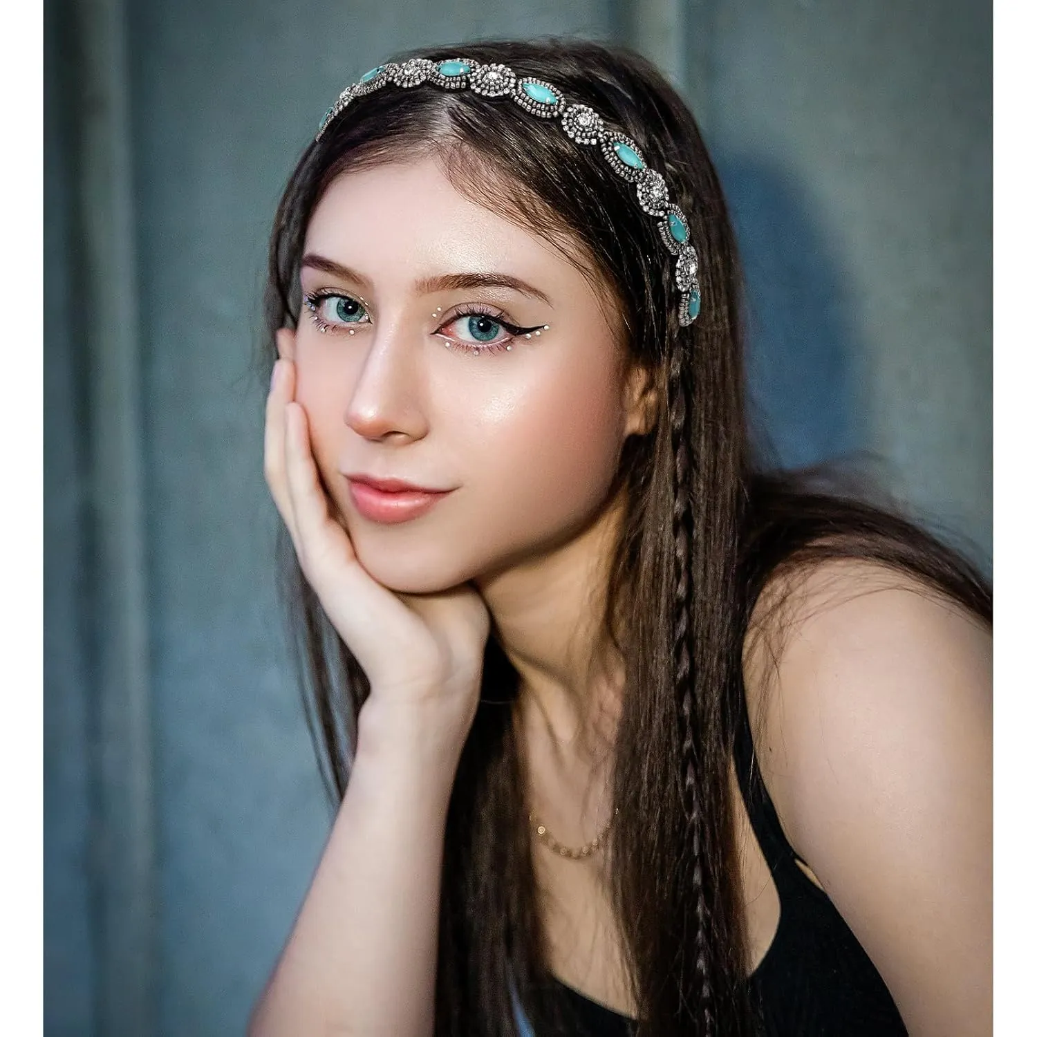 Headband for Women 2 Pieces Rhinestone Beaded Headbands Blue and Green Crystal Hairbands Elastic Hair Bands Sparkly Head Band Fashion Hair Accessories for Woman Girls