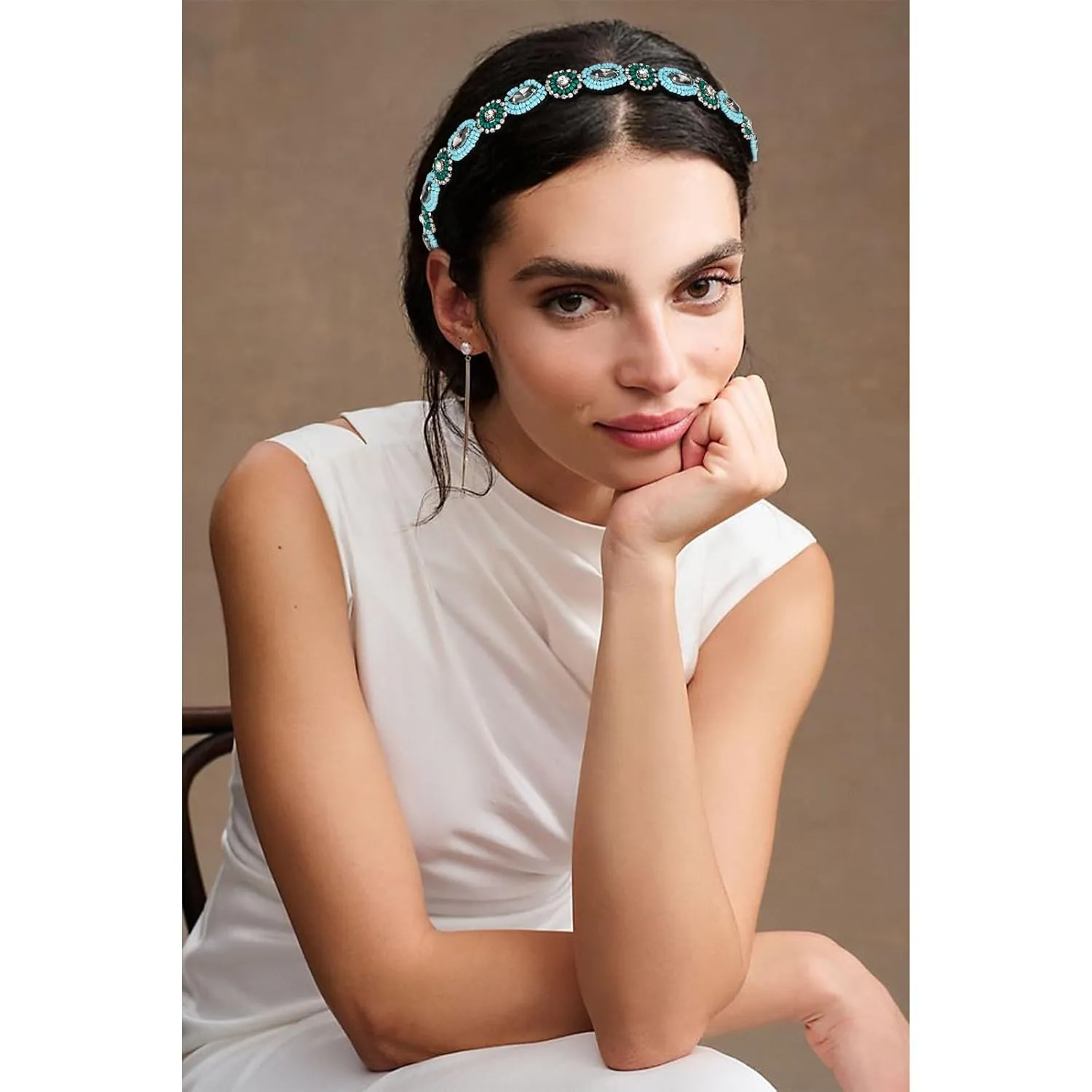 Headband for Women 2 Pieces Rhinestone Beaded Headbands Blue and Green Crystal Hairbands Elastic Hair Bands Sparkly Head Band Fashion Hair Accessories for Woman Girls