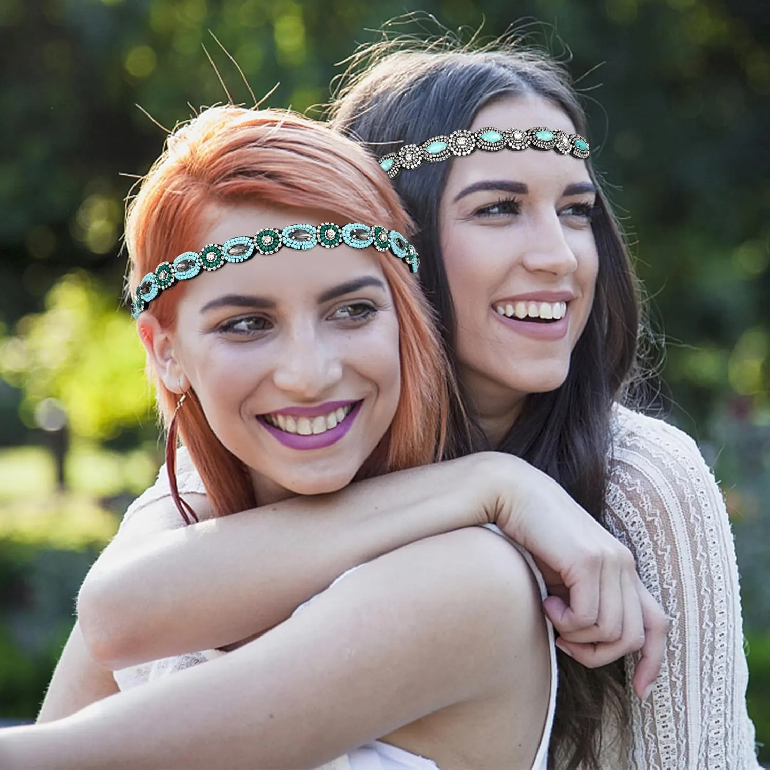 Headband for Women 2 Pieces Rhinestone Beaded Headbands Blue and Green Crystal Hairbands Elastic Hair Bands Sparkly Head Band Fashion Hair Accessories for Woman Girls