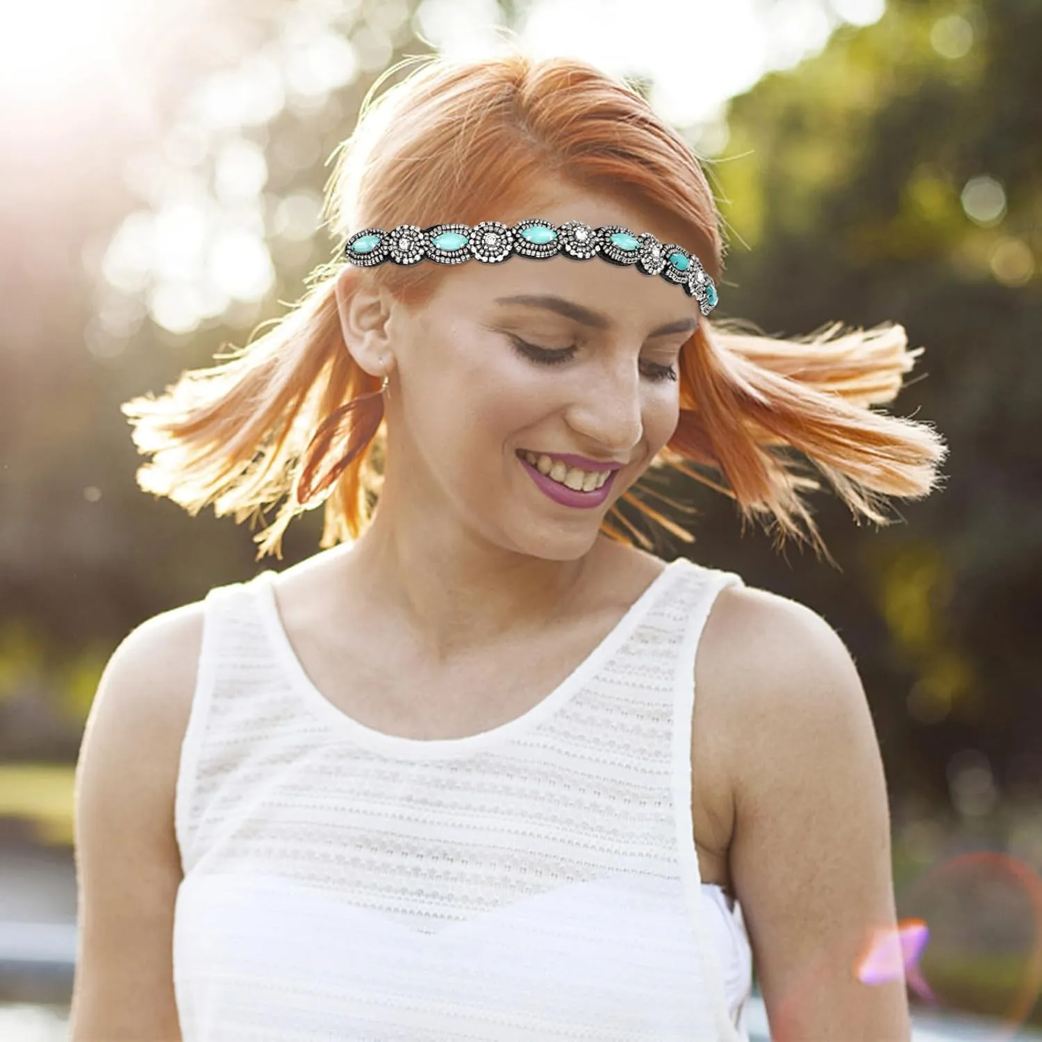 Headband for Women 2 Pieces Rhinestone Beaded Headbands Blue and Green Crystal Hairbands Elastic Hair Bands Sparkly Head Band Fashion Hair Accessories for Woman Girls