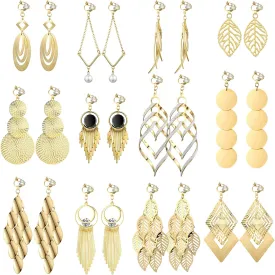 Hicarer 12 Pairs Clip on Earrings Dangle Drop Dangle Earrings Set Bohemian Tassel Pendant Plated Ear Non Piercing for Women Jewelry Gifts Wedding Party