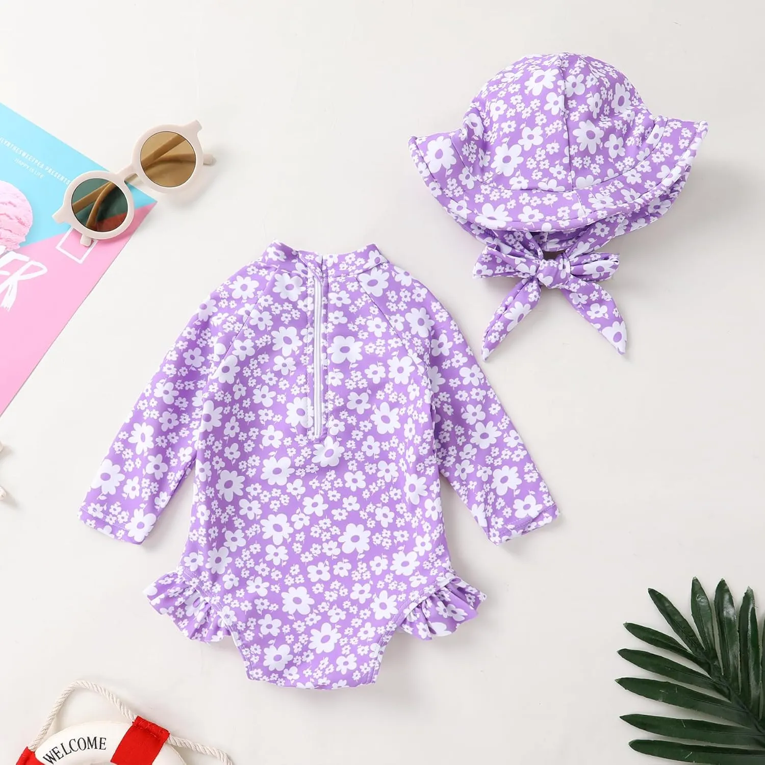 Infant Baby Girl Swimsuit One-Piece Long Sleeve Rash Guard with Hat Set Floral Zipper Bathing Suit Leopard Beach Wear