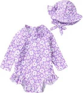 Infant Baby Girl Swimsuit One-Piece Long Sleeve Rash Guard with Hat Set Floral Zipper Bathing Suit Leopard Beach Wear