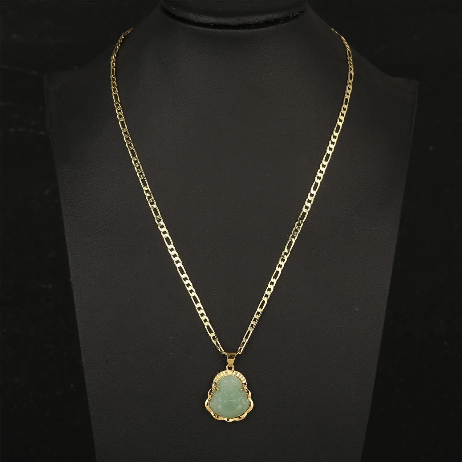 kelistom 14K Gold Plated Buddha Pendant Necklace for Women Men 3MM Flat Figaro Chain Necklace Blue Green Pink White Yellow Buddha Head