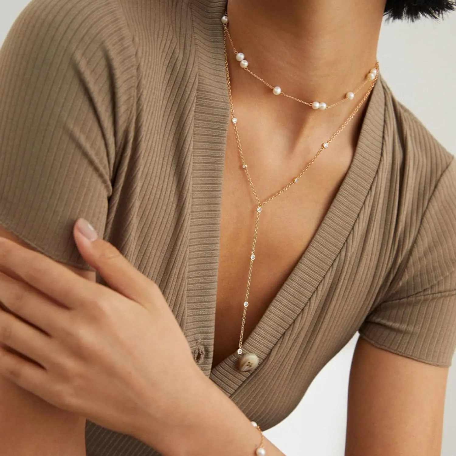 KissYan Gold Lariat Necklace for Women, Dainty 14K Gold Plated Y Shaped Cuban Chain Layered Long CZ Drop Pendant Choker Necklaces Fashion Jewelry Gifts